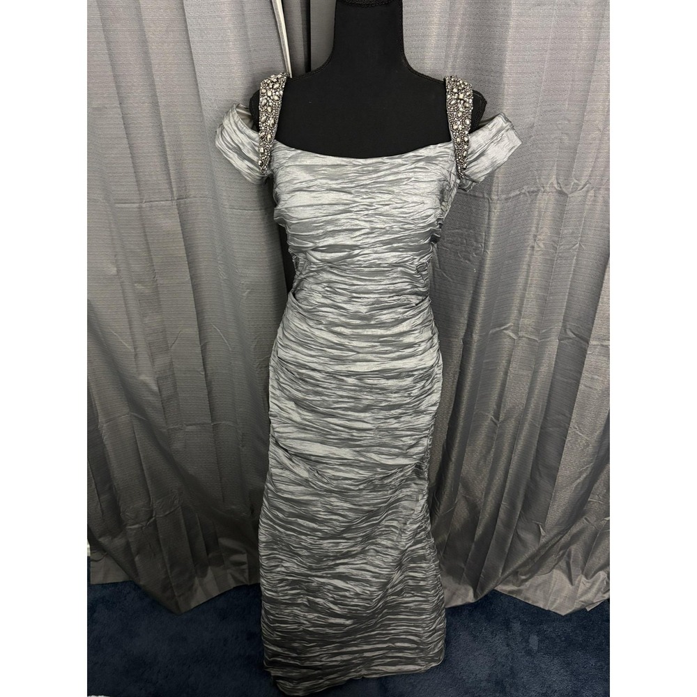 Alex Evenings Dress Womens 6 Silver Ruched Off Shoulder Beaded Maxi Formal Prom